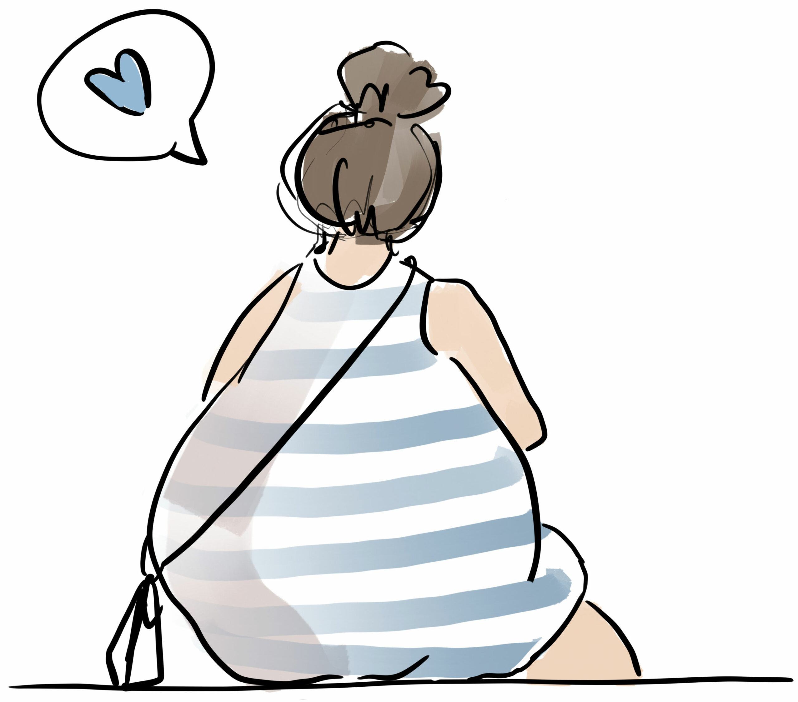 Illustration einer dicken Frau im gestreiften Kleid sitzend von hinten. Daneben eine Sprechblase mit Herzchen darin.