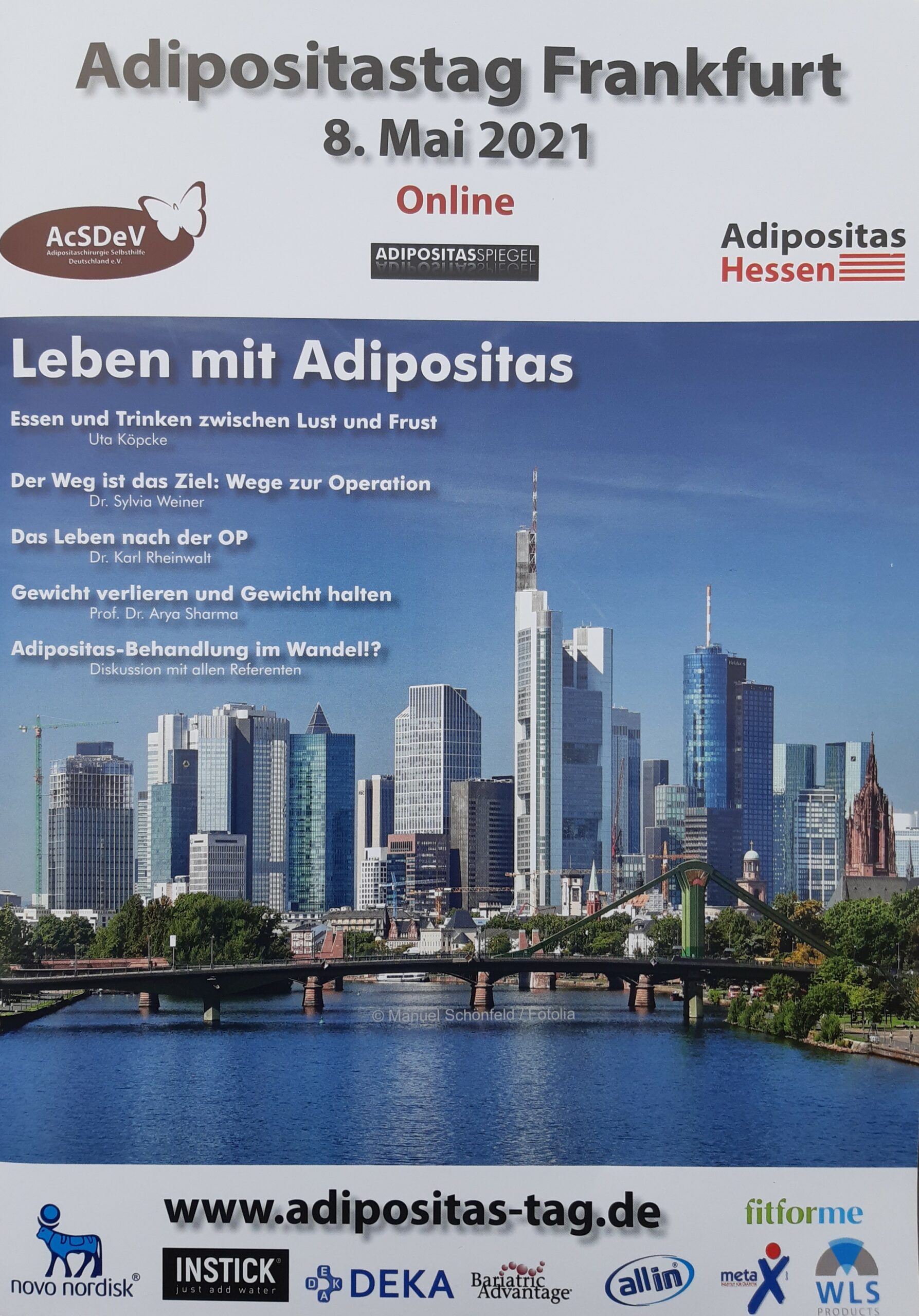 Foto Adipositastag Frankfurt am 08.05.2021, die Skyline von Frankfurt und die Titel der Vorträge sind zu sehen.